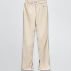 Zara Faux Leather High Rise Pants Split Hem Ivory Cream Eggshell Size 2